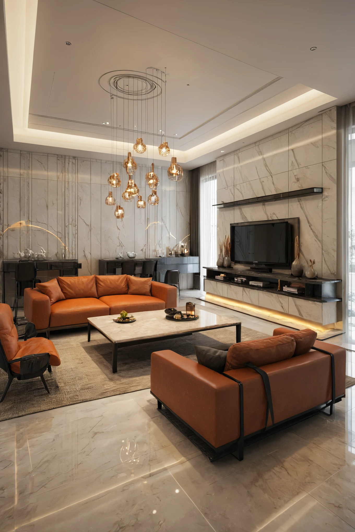 (RAW photo, masterpiece, best quality,ultra-detailed, extremely delicate and beautiful, highresolution, best shadow:1.1), modern living room, bright sofa, reflective floor, shag carpet, tv, marble wwall, orange pillow, book shelf, ceiling light, wwhite ceiling, plant and flower, interior lighting,
realistic lighting