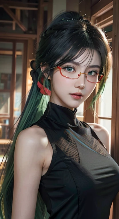 There was a woman,Beautiful anime portrait, Stunning facial portraits, Detailed portrait of girl, portrait girl, Guweiz style artwork, Anime style. 8K, realistic art style, Smooth CG Art, 4K Style, Digital Anime Illustration, beautiful girl, Portrait of anime girl,Long ponytail hairstyle,black hair and green hair, Good-looking hair accessories, Light green eyes,big eyes,Wearing red glasses,Half frame glasses,Smile