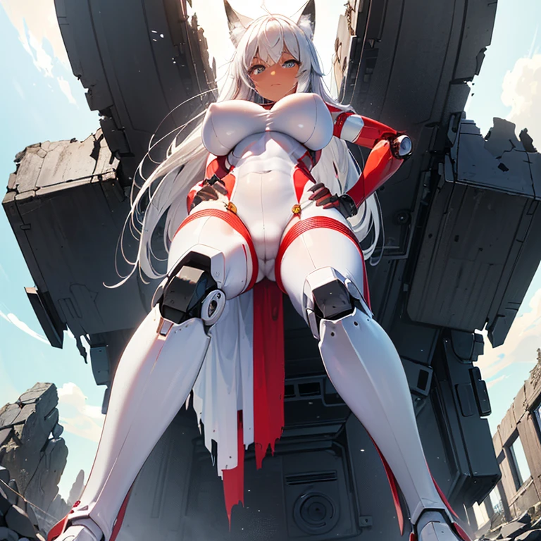 (8k, Realistic, RAW Photos, Highest quality, (from below:2), View your viewers: 1.3), (Fox Girl, Fox Ears, Silver Hair, One Girl, Long Hair, (Alone on the screen, dark skin), High definition:1.6), (mecha musume, Machinery Parts,Robot Joints, (White and red clothes, bondage outfit):1.8), (Body measurements are 99-55-77!, Nice body, Big Breasts, slender, muscle, (Right hand on right knee, Left hand on left hip, I can see the valley, bent over):1.9),(美しいface, Delicate drawing, It is written down in detail), Avatar, face, 色っぽいface, Dominant representation, naughty face, Uplifting, Skin Texture, outside, ruins, Ruined City, Broken Building, There are no people