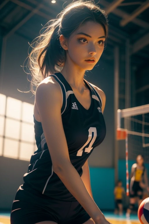 a beautiful woman, midle tits, wearing small sports clothes, volleyball player, hyper realistic, intricate details, perfect lighting, extremely detailed face and body, beautiful eyes, nose and lips, dynamic and sensual volleyball pose, ((volleyball court background)), bright colors, vibrant, cinematic lighting, photoreal