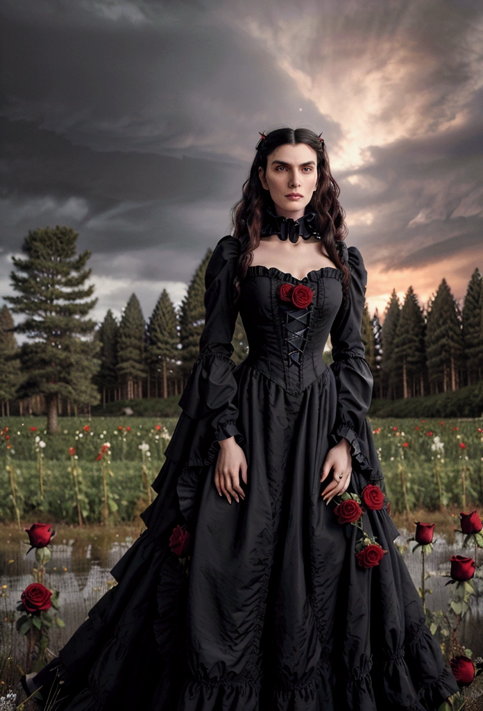 Gothic couple ((He in black Victorian clothes, ruffled neck collar, ruffled sleeve collar, Longhaire pretos, 1,90 metros de altura,Longhaire, straight half wavy, tall similar to Christopher Reeve and Peter Steele)),((ultrarealistic)),((hyper realist)),((the night)),((She in a Victorian dress,Longhaire e pretos, she with 1,58 m)), (( Scenario, in a flower field with black and red roses, cloudy and some distant pine trees and trees near a lake)). 