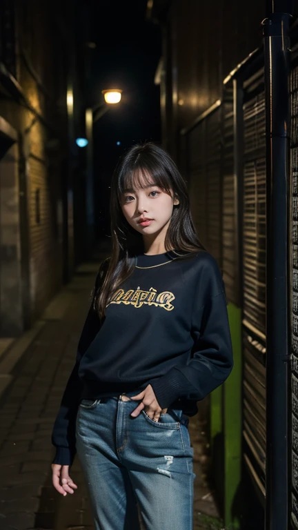 One girl, Japanese, poorly dressed in an old stadium jumper and worn jeans, standing in a dark alley, old European town, street lights illuminate the girl's face in the dark, night sky, shooting stars in the distance, movie scene, high resolution, very detailed, fine details, masterpiece, top quality, awards 8K Wallpaper, highest resolution, photorealistic, raw photos, 8K Wallpaper