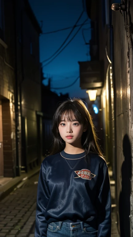 One 12 year old girl, Japanese, poorly dressed in an old stadium jumper and worn jeans, standing in a dark alley, old European town, street lights illuminate the girl's face in the dark, night sky, shooting stars in the distance, movie scene, high resolution, very detailed, fine details, masterpiece, top quality, awards 8K Wallpaper, highest resolution, photorealistic, raw photos, 8K Wallpaper