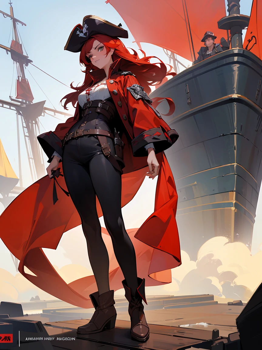 (high resolution) , (best qualityer),(4 k image),(detailedeyes),(body detailed). 1 girl, big red hair,smallbreast, dressed as a classic pirate captain(black and red clothing color),looking ahead at viewer, fully body,standing,about the ship.full body on display