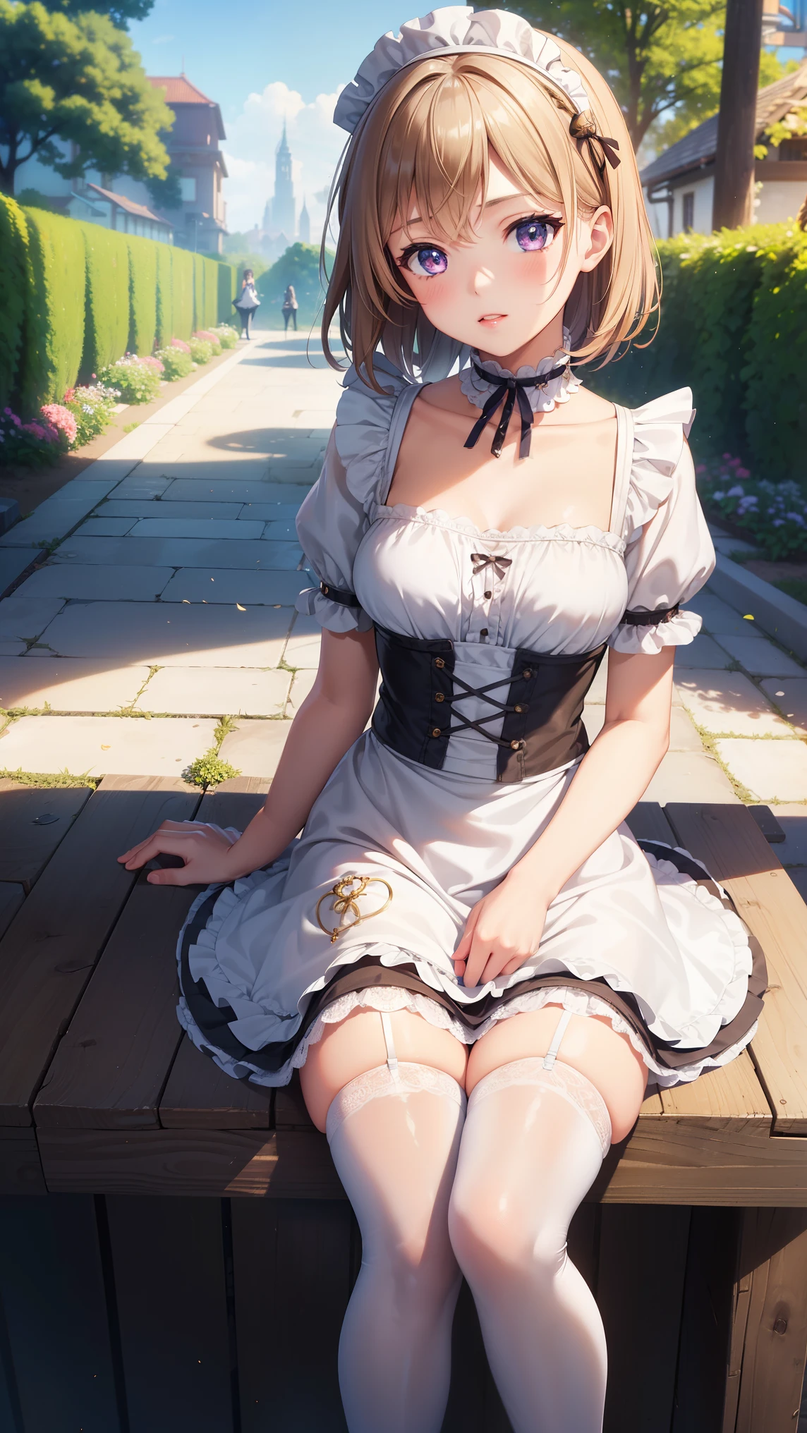 1girl, natural lighting, masterpiece, highly detailed, illustration, game CG, absurdres, high quality, beautiful detailed eyes, glossy lips, natural lighting, medium breasts, klaudia valentz, city, garden, (maid), collarbone, short puffy sleeves, thigh highs, small maid apron