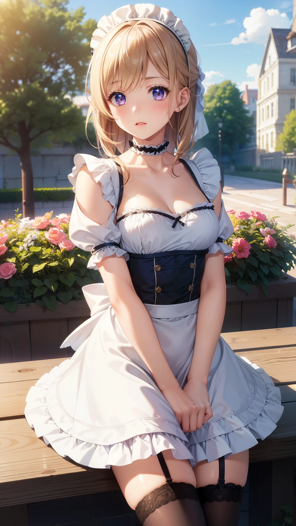 1girl, natural lighting, masterpiece, highly detailed, illustration, game CG, absurdres, high quality, beautiful detailed eyes, glossy lips, natural lighting, medium breasts, klaudia valentz, city, garden, (maid), collarbone, short puffy sleeves, thigh highs, small maid apron