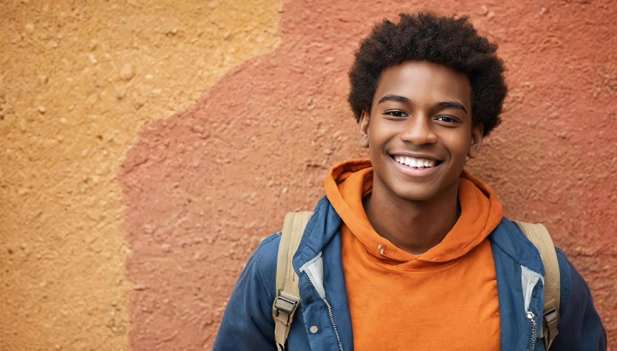 Create an image of a young Black person standing against a vibrant, textured wall, expressing optimism and hope for the future. The person should have a bright smile and be dressed in casual, modern clothing.
Composition:
Angle: Use a slight upward angle to convey confidence and aspiration.
Framing: Center the person with a medium close-up shot, capturing the upper torso and face.
Background: Include a colorful, textured wall with a mix of warm and cool tones to add depth and vibrancy.
Lighting:
Use natural, soft lighting to highlight facial features and create a warm, inviting atmosphere.
Ensure even lighting on the face to avoid harsh shadows and to emphasize the expression.
Mood:
Capture a sense of positivity and youthful energy.
The subject should have a relaxed posture, looking slightly off-camera to suggest looking towards the future.
Additional Elements:
Include subtle hints of nature, such as a small plant or tree branch in the background, to symbolize growth and potential.
Use props like a backpack or a book to indicate education or adventure.
This photo should convey themes of diversity, inclusion, and youthful enthusiasm, making it ideal for campaigns in education, lifestyle, or social initiatives
