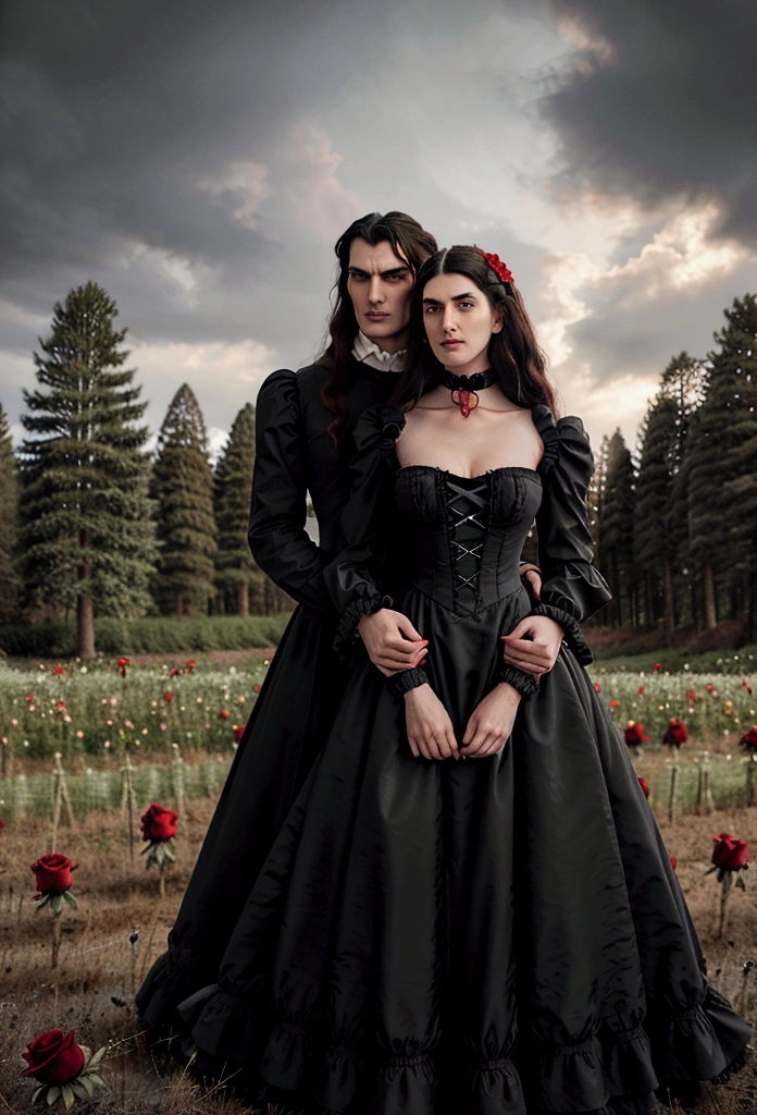 Gothic couple ((He in black Victorian clothes, ruffled neck collar, ruffled sleeve collar, Longhaire pretos, 1,90 metros de altura,Longhaire, straight half wavy, tall similar to Christopher Reeve and Peter Steele)),((ultrarealistic)),((hyper realist)),((the night)),((She in a Victorian dress,Longhaire e pretos, she with 1,58 m)), (( Scenario, in a flower field with black and red roses, cloudy and some distant pine trees and trees near a lake)). 