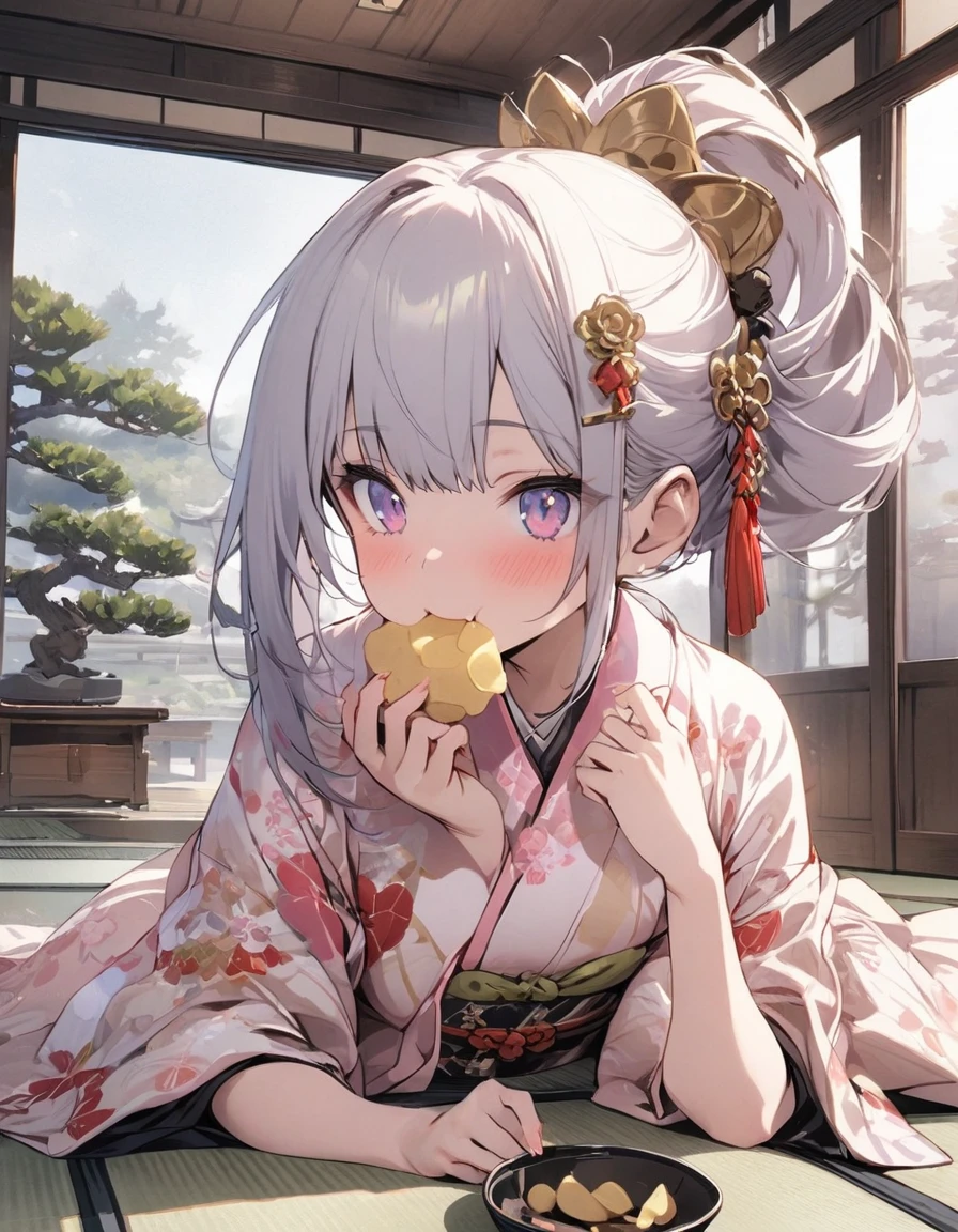 Masterpiece, one girl,((( eating potato chips))), luxurious kimono, tied hair, beautiful hair ornament, Japanese room, tatami, bonsai