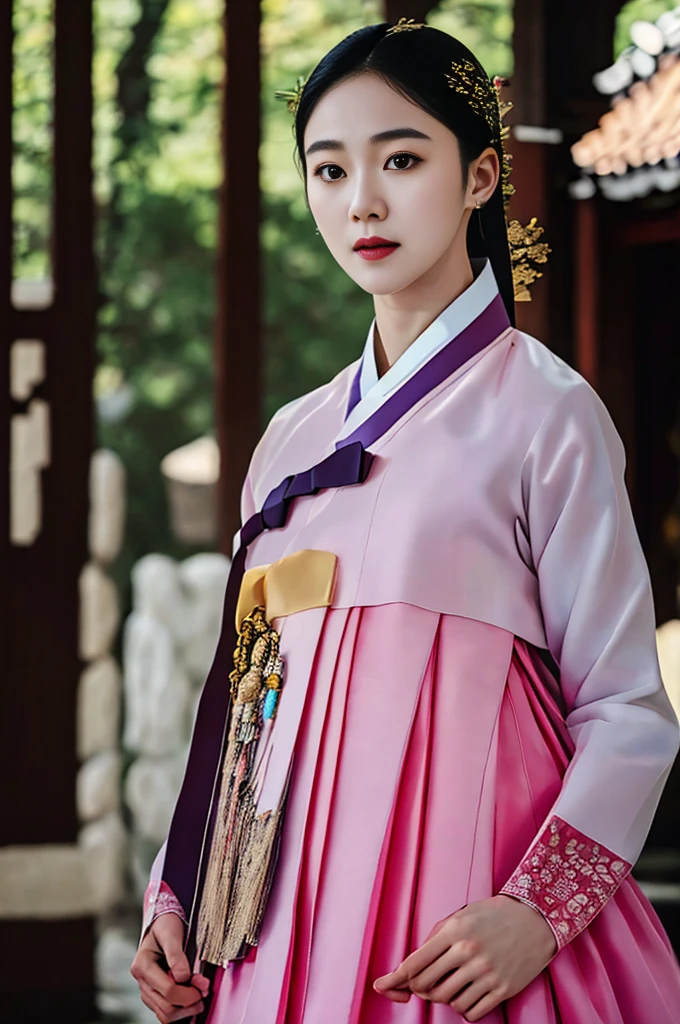 a korean actress starring in a fantasy television drama, film still, shot on a sony alexa, hanbok, edgEF, wearing edgEF eastern clothing, dangui, detailed face, detailed eyes,  intricate details, film grain, skin details, high detailed skin texture, 4k, sharp focus, masterpiece, award winning photo, analog style photo, film grain,