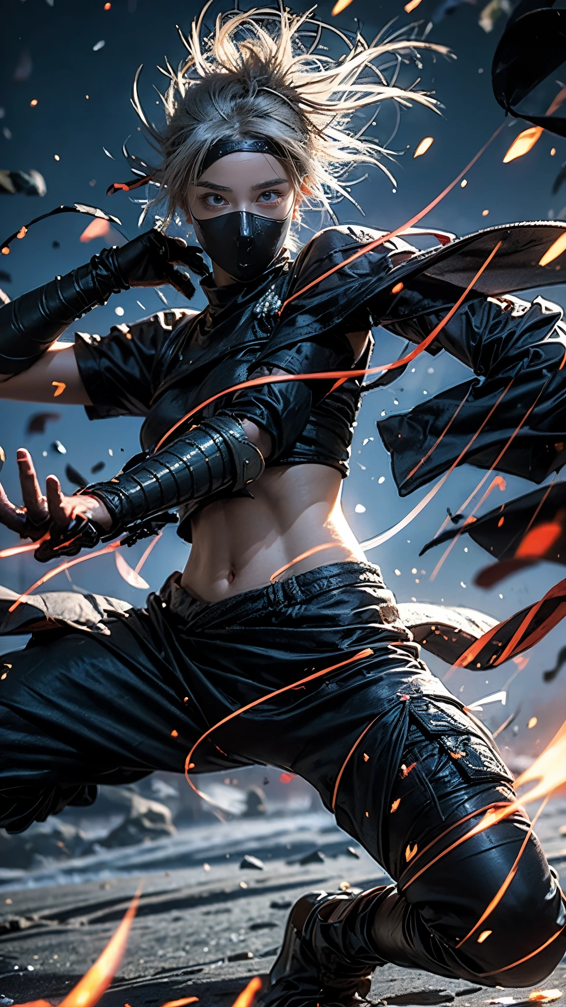 Moisturized skin, (red eyes), realistic body, (adult female body), energetic, (16 years old), (girl),
BREAK,
bright red lipstick, (beautiful navel), (silver hair), beautiful hair, (Kakashi Hatake's clothes: 1.3),
BREAK,
((masterpiece + highest quality + high resolution + highly detailed)), (full body: 1.2), symmetrical, one shot,
BREAK,
(electric shock), (wind blows), (blue electricity), (battle stance: 1.4),
BREAK,
(large Japanese sword), ninja, inside a mansion, assassination, cut, kunai, fantastical, dynamic,