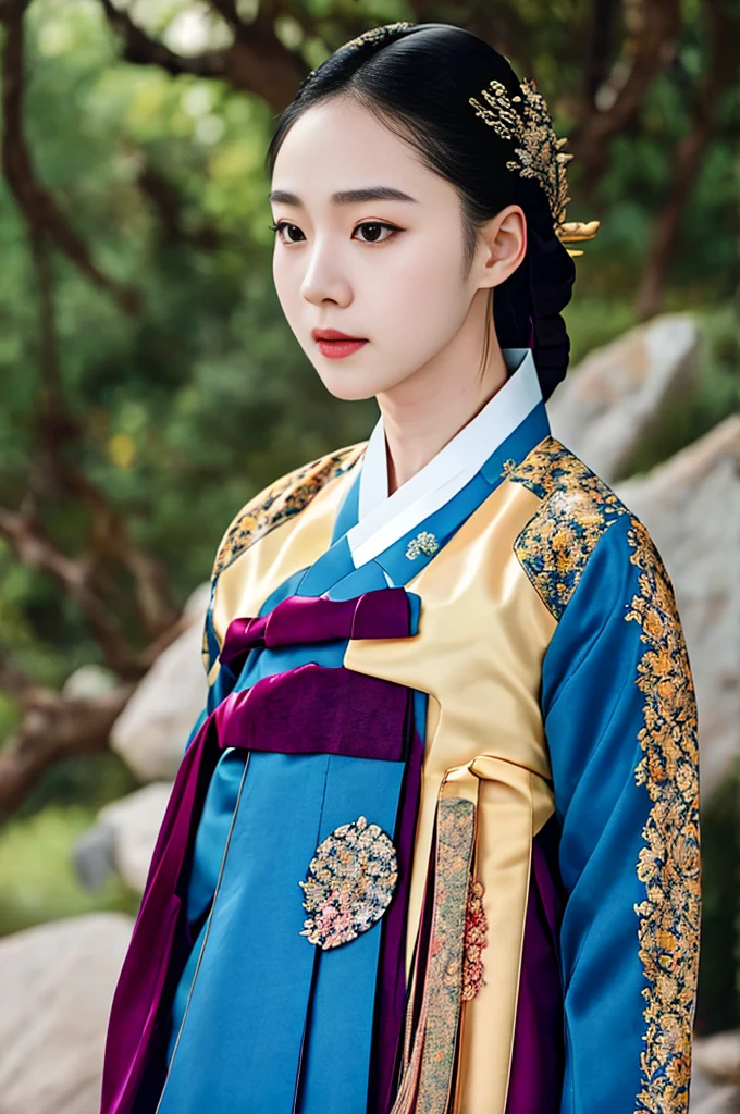 a korean actress starring in a fantasy television drama, film still, shot on a sony alexa, hanbok, edgEF, wearing edgEF eastern clothing, dangui, detailed face, detailed eyes, intricate details, film grain, skin details, high detailed skin texture, 4k, sharp focus, masterpiece, award winning photo, analog style photo, film grain,