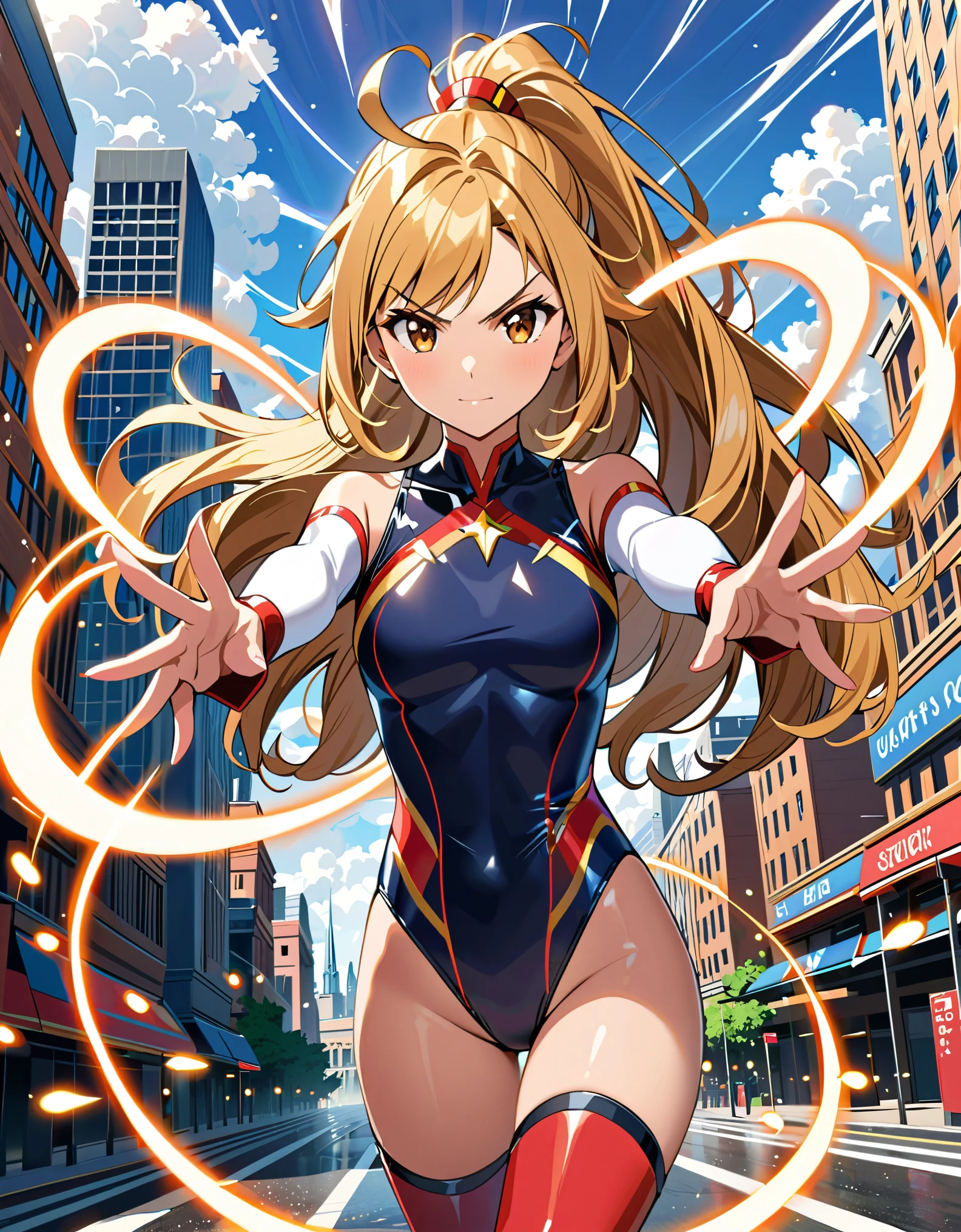 (masterpiece), (best quality), (high res), highly detailed, professional, 1girl, solo, solo focus, wonder, superhero, anime style, serious, v-shaped eyebrows, perfect hands, complete fingers, (white elastic sleeves, leotard, navy leotard, competition swimsuit), blonde hair, ahoge, medium breasts, brown eyes, beautiful detailed eyes, cute eyes, cute face, light particles, long hair, looking at viewer, medium breasts, outdoors, (ponytail), (red boots, thighhighs), hand on hip, cowboy shot, city backdrop. (T-pose, legs together). (spins fast in place like a tornado, whirls fast in place like a tornado, tornado whirling, spiral lines around her, spinning energy pulse around her, storm winds around her, whirls into a tornado, (she whirls) in (super speeds)). full body costume design. curved sword slash. she super-spins.