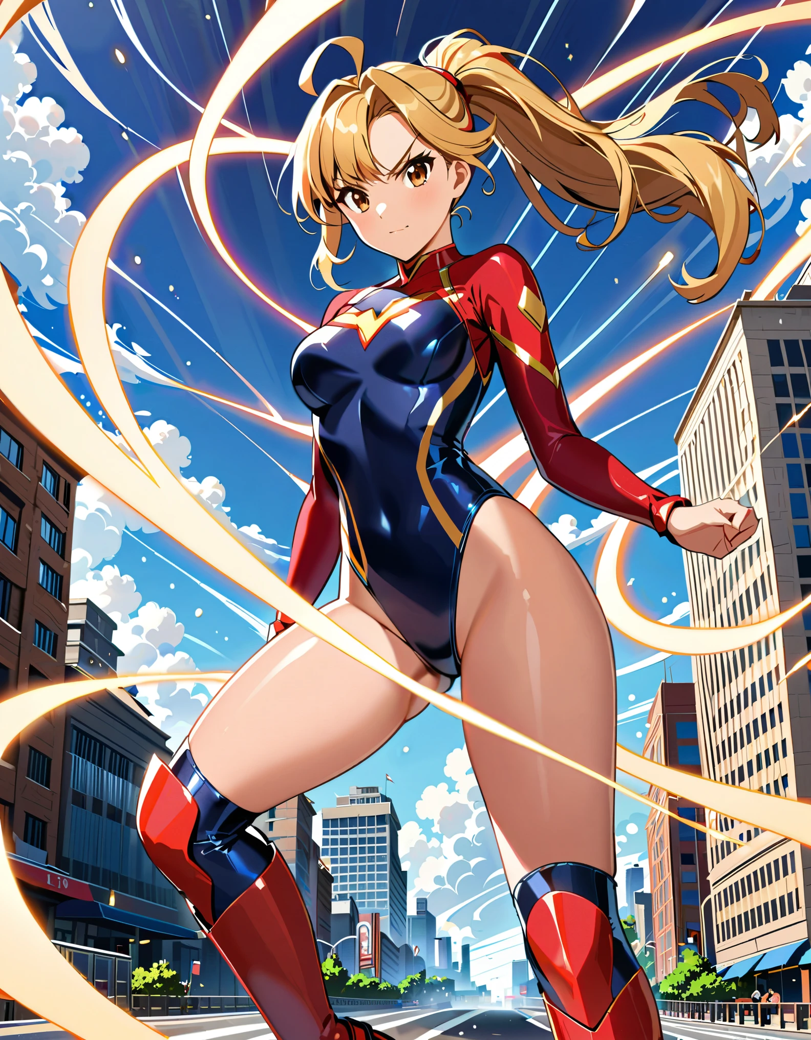 (masterpiece), (best quality), (high res), highly detailed, professional, 1girl, solo, solo focus, wonder, superhero, anime style, serious, v-shaped eyebrows, perfect hands, complete fingers, (white elastic sleeves, leotard, navy leotard, competition swimsuit), blonde hair, ahoge, medium breasts, brown eyes, beautiful detailed eyes, cute eyes, cute face, light particles, long hair, looking at viewer, medium breasts, outdoors, (ponytail), (red boots, thighhighs), hand on hip, cowboy shot, city backdrop. (T-pose, legs together). (spins fast in place like a tornado, whirls fast in place like a tornado, tornado whirling, spiral lines around her, spinning energy pulse around her, storm winds around her, whirls into a tornado, (she whirls) in (super speeds)). full body costume design. curved sword slash. she super-spins.