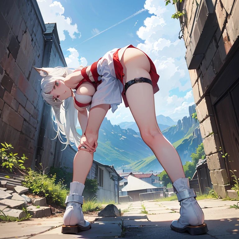(8k, Realistic, RAW Photos, Highest quality, (from below:2), View your viewers: 1.3), (Fox Girl, Fox Ears, Silver Hair, One Girl, Long Hair, (Alone on the screen, dark skin), High definition:1.6), ((White and red clothes, bondage outfit):1.8), (Body measurements are 99-55-77!, Nice body, Big Breasts, slender, muscle, (Right hand on right knee, Left hand on left hip, I can see the valley, bent over):1.9),(美しいface, Delicate drawing, It is written down in detail), Avatar, face, 色っぽいface, Dominant representation, naughty face, Uplifting, Skin Texture, outside, ruins, Ruined City, Broken Building, There are no people