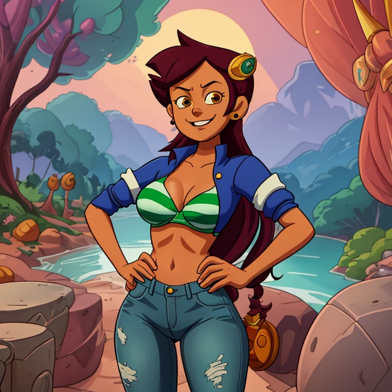 High-quality 3D images for close-ups,One Piece anime character,Nami,Eastern European mixed race sweet face,Preserve character details,,Long flowing orange hair,Wearing a green striped bikini,skintight jeans