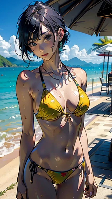 ((Highest quality, masterpiece, High resolution))、Beautiful Japanese Women、((Real anime art))、 ((1 girl))、 Normal size breasts、Slim figure、Medium Short Hair、double eyelid、Wet see-through bikini、A pareo with bold ethnic patterns and plenty of primary colors.、Realistic Skin、Wet、whole body、Cinematic Light、tropical、On the sunny beach、With the sea in the background、Blur the background、