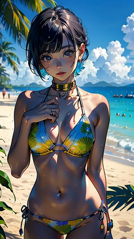 ((Highest quality, masterpiece, High resolution))、Beautiful Japanese Women、((Real anime art))、 ((1 girl))、 Normal size breasts、Slim figure、Medium Short Hair、double eyelid、Wet see-through bikini、A pareo with bold ethnic patterns and plenty of primary colors.、Realistic Skin、Wet、whole body、Cinematic Light、tropical、On the sunny beach、With the sea in the background、Blur the background、