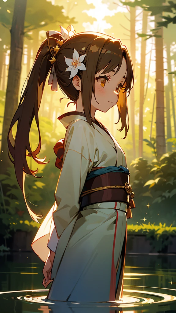 Ghibli style、Asuna, masterpiece, Highest quality, detailed, (One girl), alone, detailed golden eyes, Shoulder-length hair、Are standing, Close to the audience, (detailed kimono), A light smile, Medium chest,  (Put your arms behind your back), water, sunset, (hair ornaments), Forest trees in the background々Brown Hair, Twin tails, Character portrait, Hair Flower, Sparkle Effect, Sparkle Effect, 3D Rendering, 