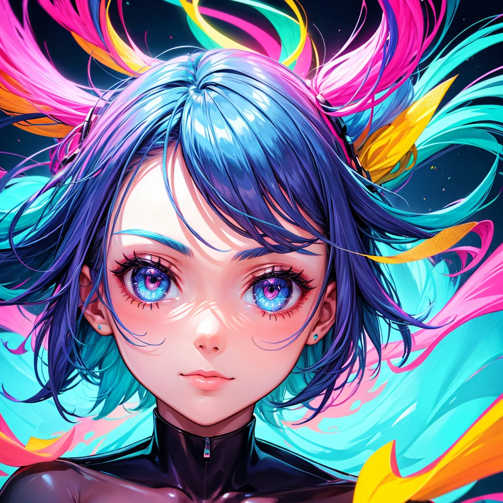 girls beautiful head, cool neon colors, vectorial art
