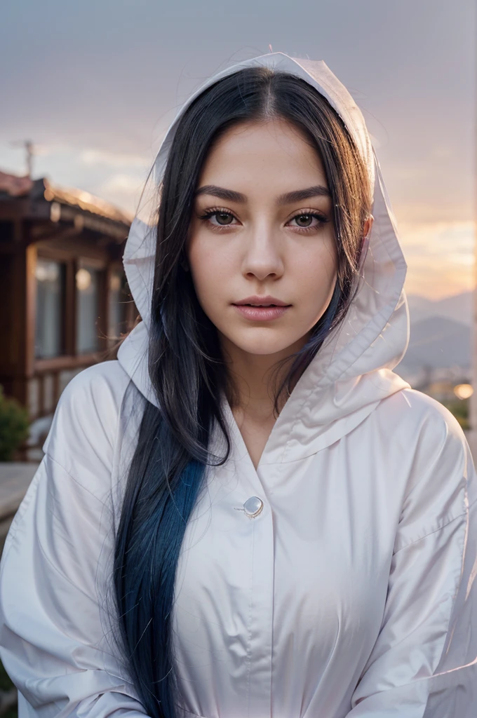 A girl with long blue hair. Her face is exquisite, with high cheekbones and smooth fair skin. Her large black eyes, framed by long thick eyelashes, are impressive and expressive, radiating calmness and confidence. Well-defined eyebrows curve gracefully above her eyes, adding intensity to her gaze. She has a small, straight nose and full, slightly parted lips that curve into a slight smile, revealing hints of mischief and allure. Her sharp, well-defined jawline gives her face a refined and elegant appearance. Pink halo, white robe dissolving into pink smoke, pink glow inside hood, no face, pink ribbons spreading out from behind, flying in sky, sunset storm background