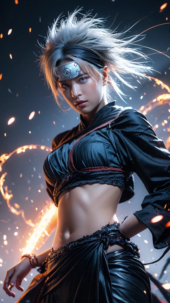 Moisturized skin, (red eyes), realistic body, (adult female body), energetic, (16 years old), (girl),
BREAK,
bright red lipstick, (beautiful navel), (silver hair), beautiful hair, (Kakashi Hatake's clothes: 1.3),
BREAK,
((masterpiece + highest quality + high resolution + highly detailed)), (full body: 1.2), symmetrical, one shot,
BREAK,
(electric shock), (wind blows), (blue electricity), (battle stance: 1.4),
BREAK,
(large Japanese sword), ninja, inside a mansion, assassination, cut, kunai, fantastical, dynamic,