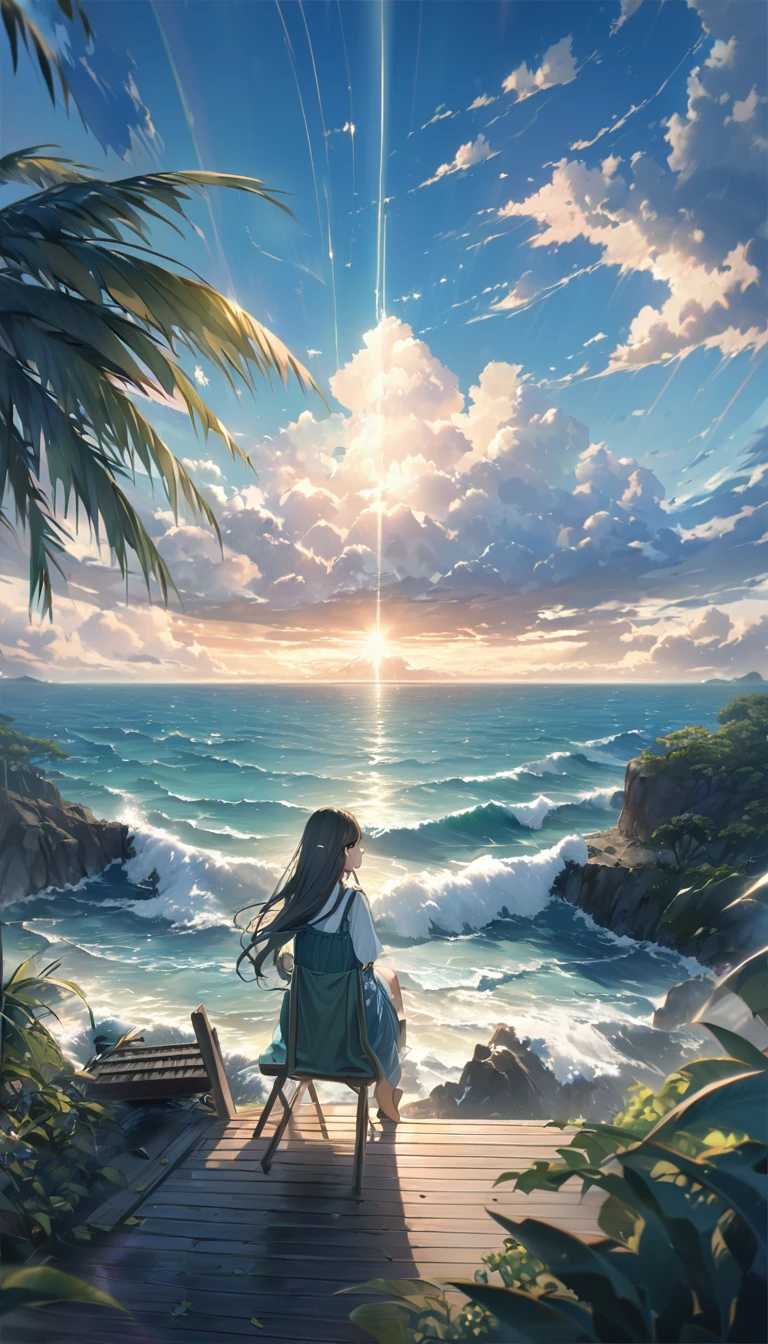 A girl is sitting with her back to the pier、Back view looking at the sea。There is a small island across the sea、Clouds floating in the sky。Sunlight shines through the gaps in the clouds、Create fantastic scenes。The sky is blue、The clouds are shining white、I know the wind is blowing。wood々There are a few leaves visible at the top.。 Paintings inspired by Makoto Shinkai, Beautiful anime scenery、Ultra-realistic, Anime movie background, pixiv topics、The seawater is clear、See shades of green and blue、Flowing streaks of clouds can be seen in the sky、The sea is the main、