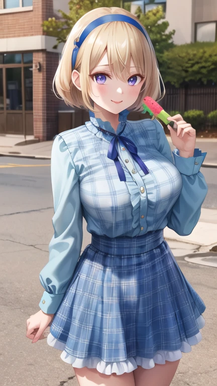 masterpiece, best quality, highres, us1, blonde hair, purple eyes, hairband, long sleeves, blue hairband, blue dress, frills, shirt, neck ribbon, blue ribbon, plaid, street, cowboy shot, popsicle, watermelon bar, smile