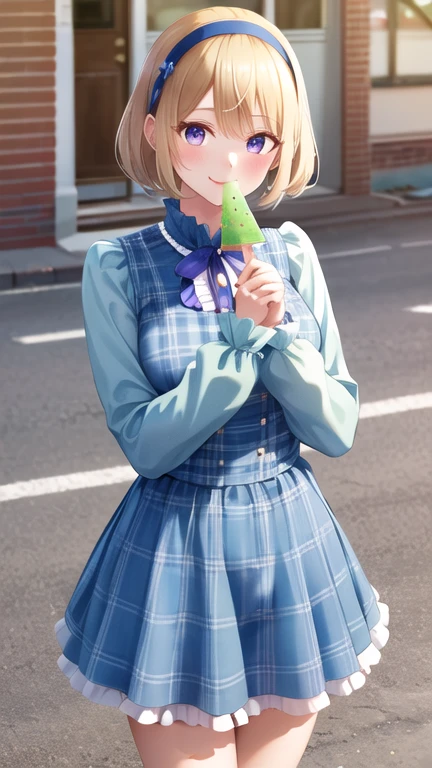 masterpiece, best quality, highres, us1, blonde hair, purple eyes, hairband, long sleeves, blue hairband, blue dress, frills, shirt, neck ribbon, blue ribbon, plaid, street, cowboy shot, popsicle, watermelon bar, smile