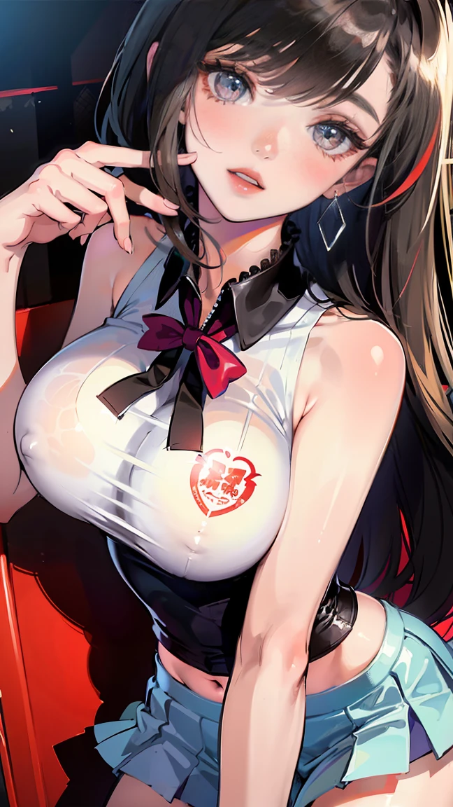 ((((highest quality)))), (((Ultra-precision CG 16K))), (((masterpiece))), (((Very detailed))), (((Extremely detailed))), (((Black outline:1.3, Written boundary depth:1.3 , Written soft outline))), Maximum clarity and sharpness,Multilayer Texture, Surface Shading, Cinematic lighting, Beautiful details sparkle ,Perfect Proportions, Limited to three woman, BREAK accurate, Anatomically correct, Highly detailed face and skin texture, drawn in detail, Highly detailed facial and skin texture, Detailed eyes, beautiful hair, Beautiful Japanese Idol face, Beautiful and beautiful eyes, Beautiful body, Beautiful breasts, Beautiful thighs, Beautiful legs, Beautiful fingers, (Beautiful views) , skinny body, ((Beautiful Skin)), ((Skin Texture)) BREAK breast enlarged, medium Breasts, rocket breasts, (perky breasts), (covered nipples), slender waist, ( narrow eyes, blush, smiling, hot, Heavy breathing,) , (streaked hair, hair intakes, colored inner hair, ) BREAK (((wearing oversized character printed sexy tank top, wearing outfit in casual way, wearing pleats mini-skirt, breasts is covered by outfit))) , wearing earrings, BREAK ( stick breast out),(((looking at viewer, super detailed background , ))), BREAK (((portrait, close up, cowboy shot, looking at viewer, \(face waiting for kiss\):1.3), bending over, on all four )), (natural make),