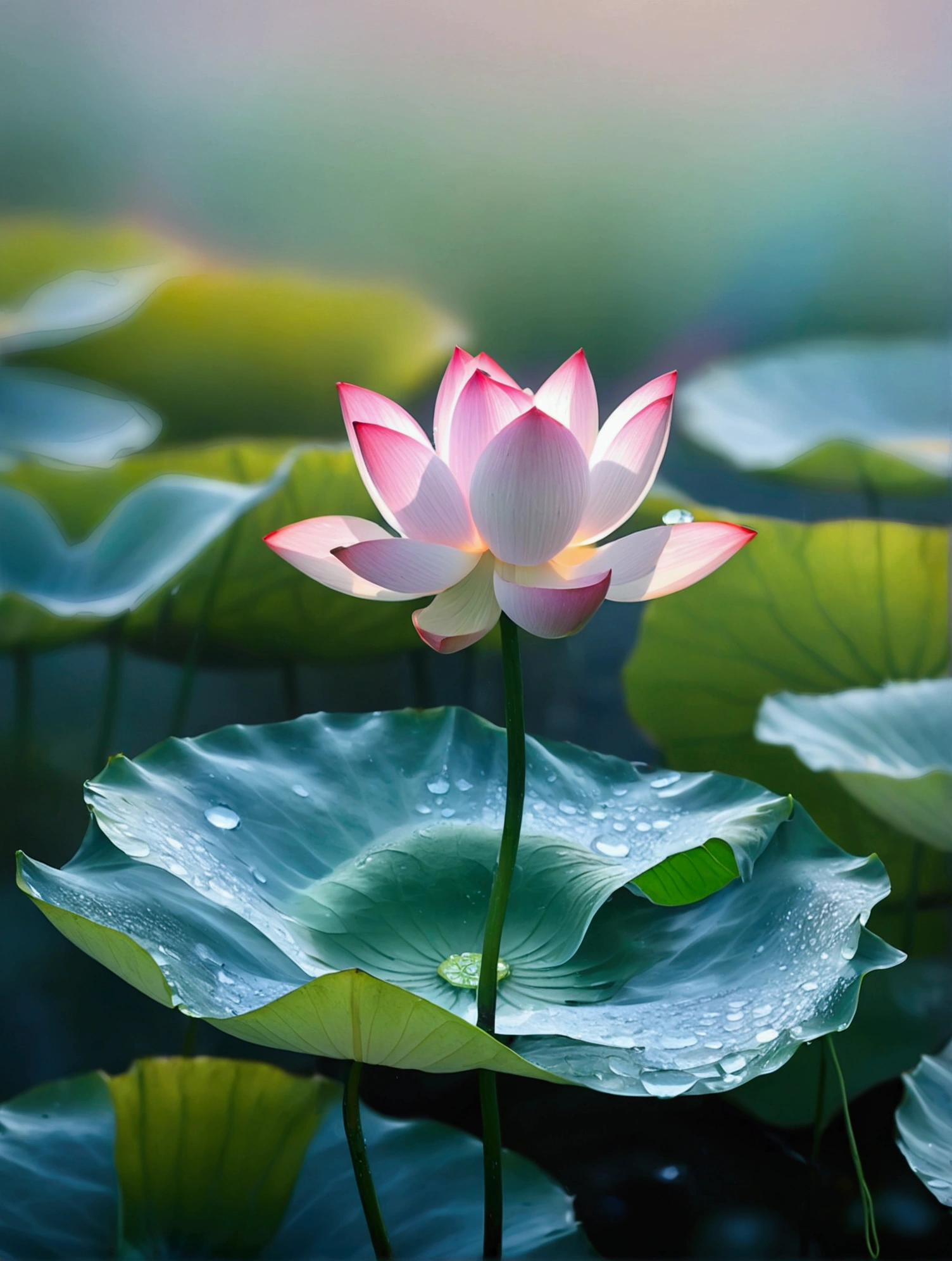 There are a lot of dew and water droplets on the light white lotus,A rainbow appears in the background,Real photography,Fresh and natural picture,best quality, high resolution, 16K