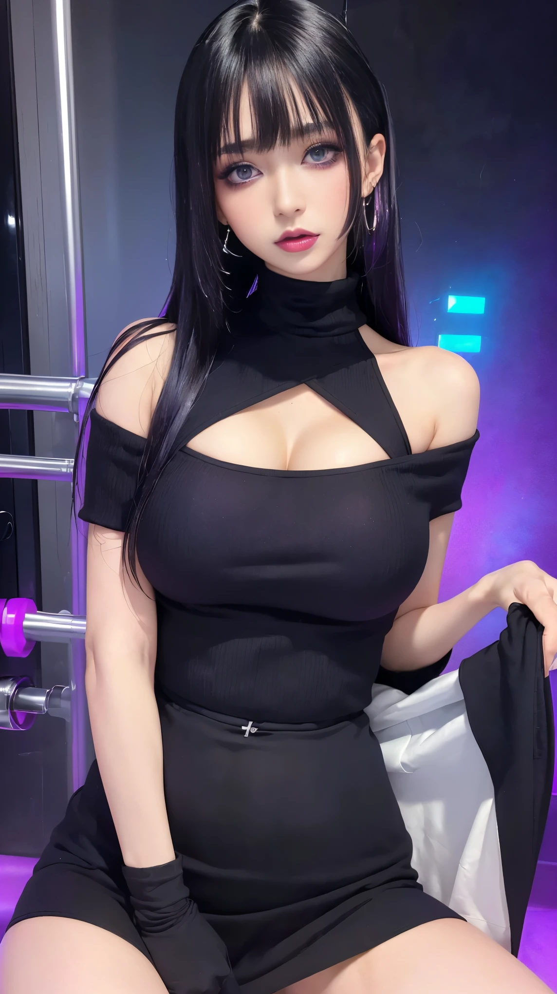 4K Ultra Sharp、Highest quality, masterpiece, Ultra-high resolution, (reality: 1.4),  1 girl, Purple eyes, Off-the-shoulder sweater dress, Cinema Lighting、purple and black hair、(Mine Girl、Goth Makeup、Mine Make-up)、(Earrings、Big Breasts、An oversized black t-shirt with open shoulders、Dark mini skirt)、((Heavy makeup、Oilskin,Glowing Skin、Realistic skin texture、Beautiful skin in every detail、Glowing Skin)), Dark downtown at night、Kabukicho、Dark Cyberpunk、(Full Shot:1.8)、Thin legs、Thin arms、Narrow shoulders、Narrow waist、Slender body、Big Breasts、whole body