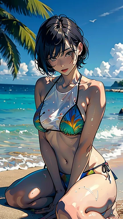 ((Highest quality, masterpiece, High resolution))、Beautiful Japanese Women、((Real anime art))、 ((1 girl))、 Normal size breasts、Slim figure、Medium Short Hair、double eyelid、Wet see-through bikini、A pareo with bold ethnic patterns and plenty of primary colors.、Realistic Skin、Wet、whole body、Cinematic Light、tropical、On the sunny beach、With the sea in the background、Blur the background、sit