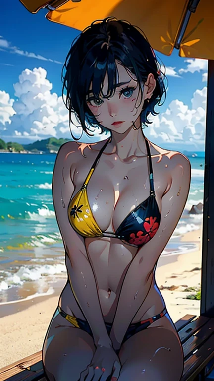 ((Highest quality, masterpiece, High resolution))、Beautiful Japanese Women、((Real anime art))、 ((1 girl))、 Normal size breasts、Slim figure、Medium Short Hair、double eyelid、Wet see-through bikini、A pareo with bold ethnic patterns and plenty of primary colors.、Realistic Skin、Wet、whole body、Cinematic Light、tropical、On the sunny beach、With the sea in the background、Blur the background、sit
