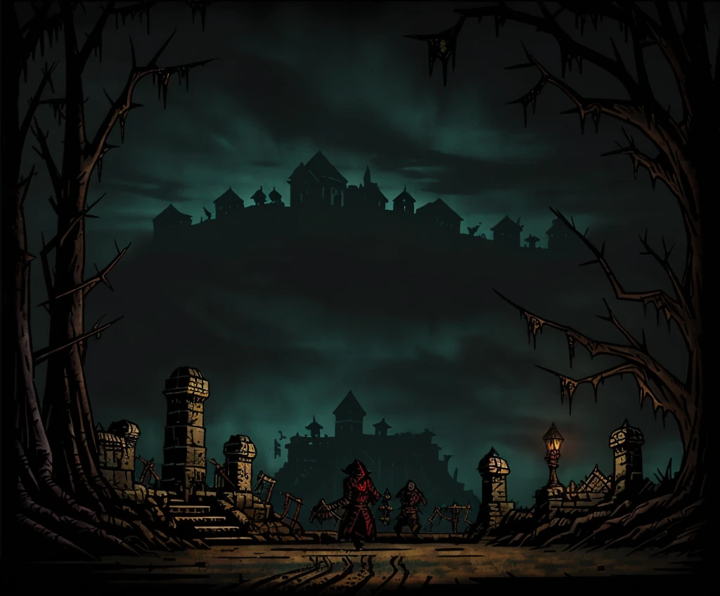 (((darkest dungeon style))), ((darkest dungeon background)), grand wasteland, lots of dark gray sand, gray thorn trees, view from the hill, unnatural high steel spikes sticking out of the sand, gray horizon, gray sky, gloomy sky, endless night, (dark lighting), many shadows, forest, thorn forest, thorn, vines, detailed, extremely detailed, masterpiece