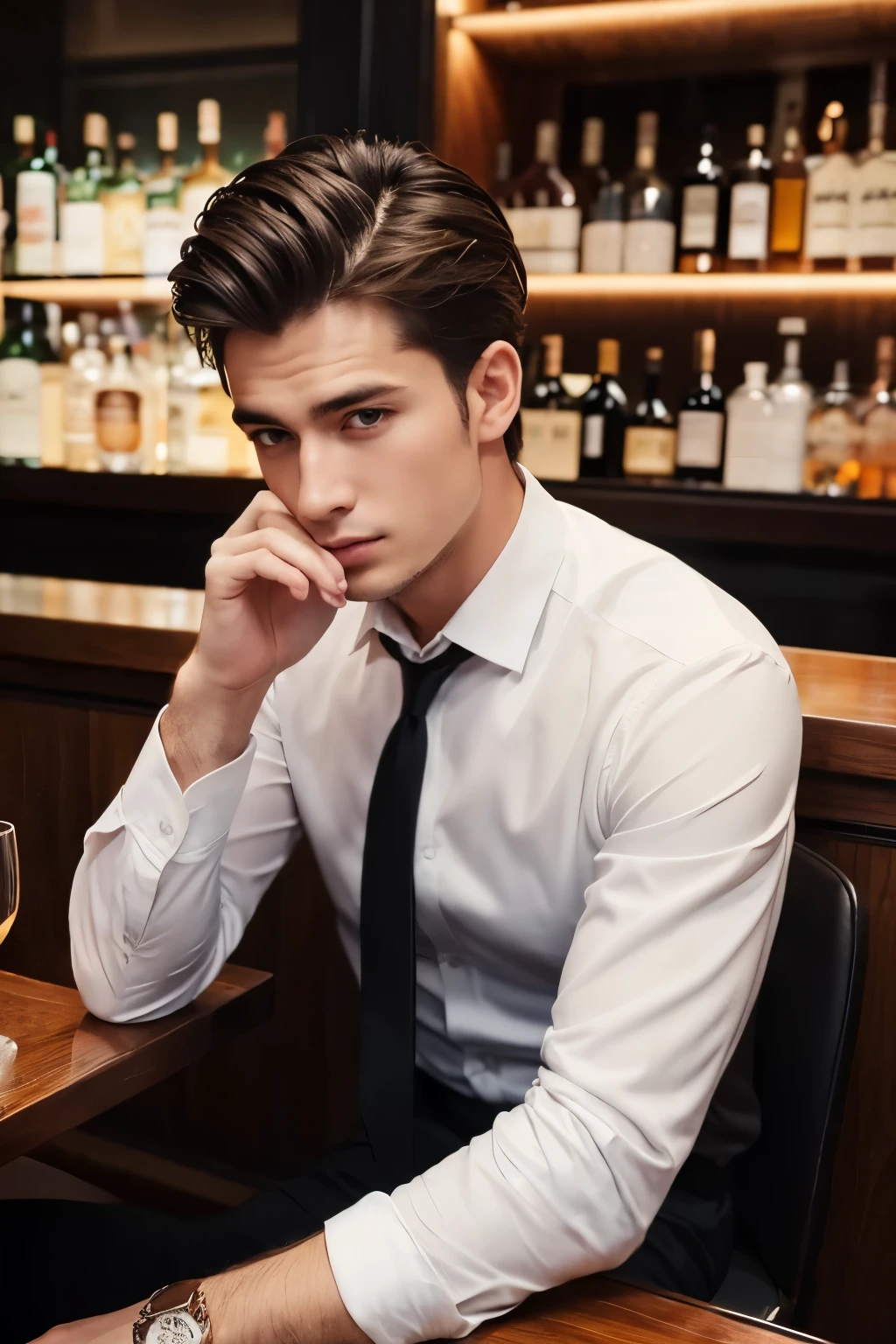A handsome young Brazilian man dressed in jeans and a t-shirt tasting a glass of wine sitting at a small table in a beautiful bistro in Paris
