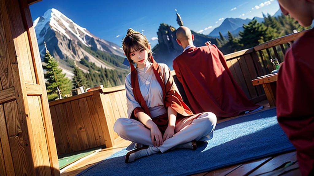 Image of Buddha sitting in the middle of teaching, surrounded by many monks, men and women, good quality, clear blue light, majestic mountains and forests