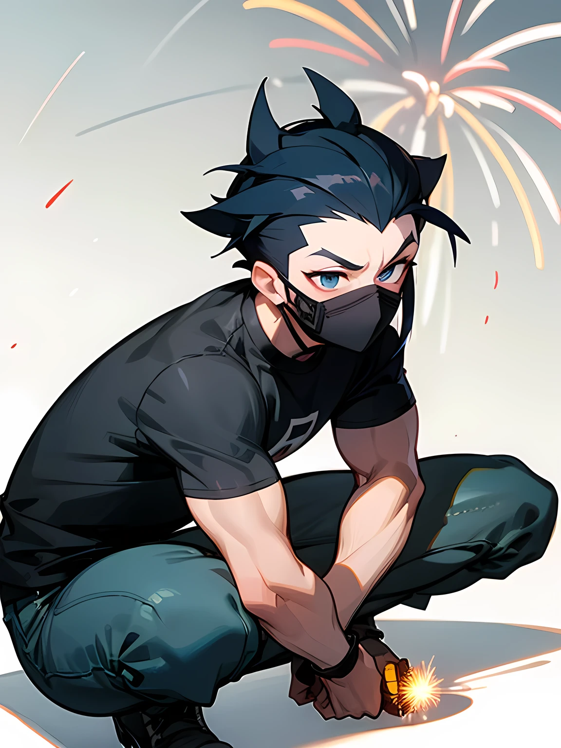 solo, squatting down, male,sideshaved,short spiked deep black blue hair,tsurime, masked,muscular body, Male Eyes, male nose, male mouth, Black T-shirt, black skinny mini pants, Expressionless , holding a firework in her hand with the firework part facing downwards and playing with it, simple white background,