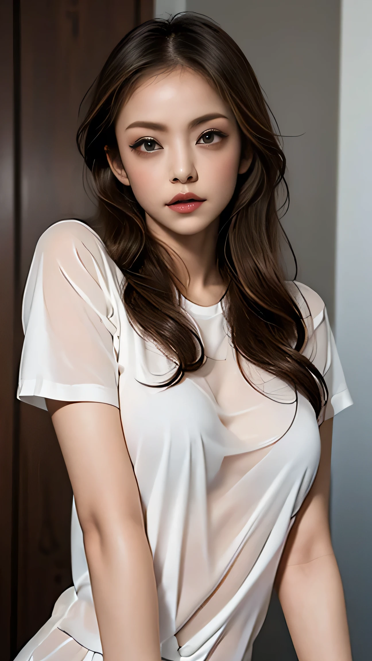 、(Highest quality), (Very detailed), (((Nude 1.2))), (Detailed light), (Very delicate and beautiful、See-through T-shirt.Very good:1.3), 1. Young girl, Brown Hair, Brown eyes, model, Highest quality, High-definition CG synthesis 8k wallpaper, High resolution raw color photos, bright、Sexy pose、(thin、Waistline)、a little 、Beautiful breasts、Various poses、short hair、Naughty pose、