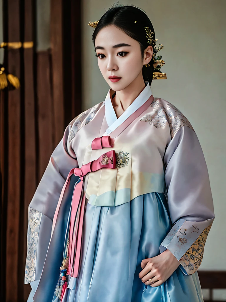 a korean actress starring in a fantasy television drama, film still, shot on a sony alexa, hanbok, edgEF, wearing edgEF eastern clothing, dangui, detailed face, detailed eyes,  intricate details, film grain, skin details, high detailed skin texture, 4k, sharp focus, masterpiece, award winning photo, analog style photo, film grain,