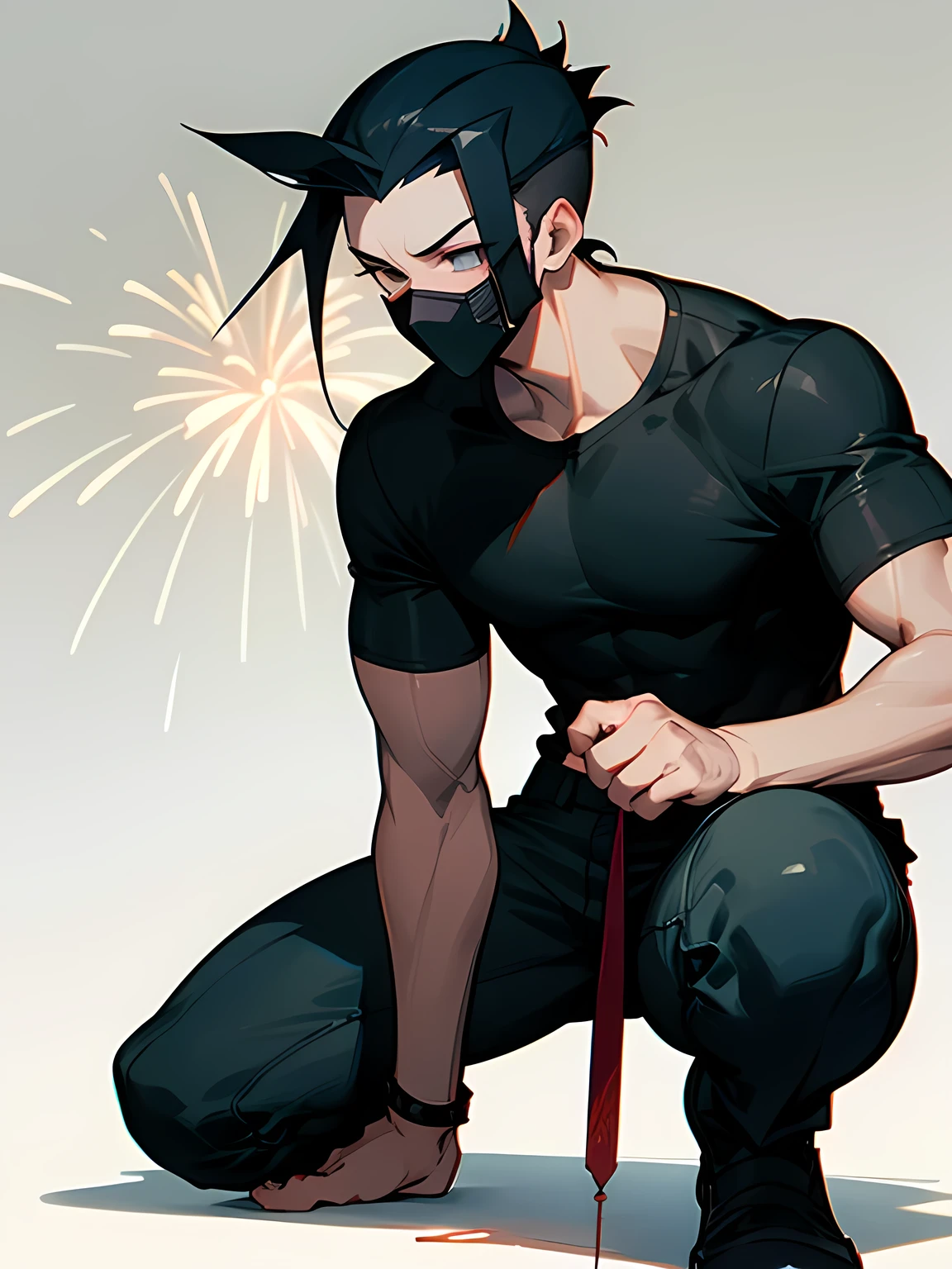 solo, squatting down, male,sideshaved,short spiked deep black blue hair,tsurime, masked,muscular body, Male Eyes, male nose, male mouth, Black T-shirt, black skinny mini pants, Expressionless , holding a firework in her hand with the firework part facing downwards and playing with it, simple white background,