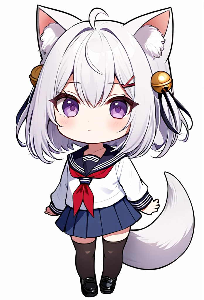 master piece, best quality, ultra-detailed, illustration, chibi, big head, FilianSailor, purple eyes, tail, short hair, hairclip, hair bell, serafuku, red neckerchief, blue skirt, black stockings, black shoes, ((simple white background)),