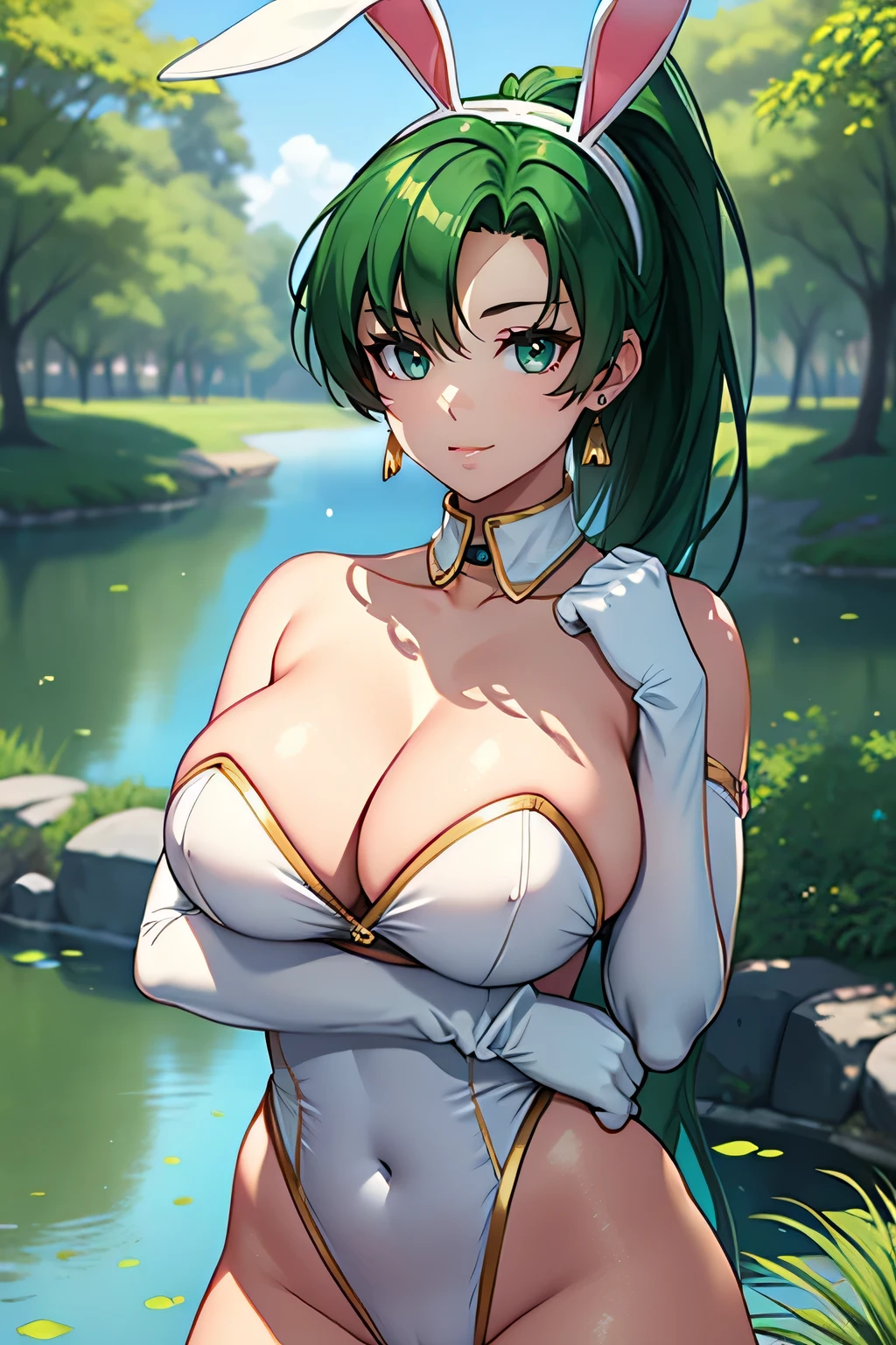 lyn, ponytail, green eyes, green hair, lipstick, blue eye shadow, 1girl, solo, perfect breasts, earrings glossy lips ,looking at viewer, blush, large breasts, nature, pond, trees, park, long white elbow satin gloves, holding, animal ears, cleavage, bare shoulders, jewelry, very l, gentle smile, pantyhose, earrings, fake rabbit ears, leotard, fake animal ears bunny, long white elbow gloves, white gloves