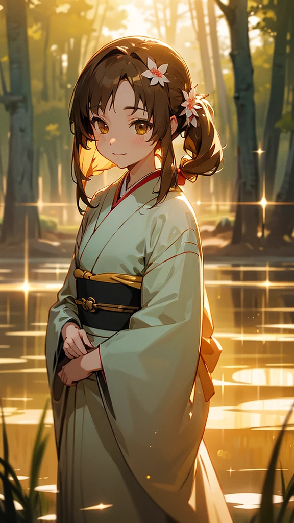 Ghibli style、Asuna, masterpiece, Highest quality, detailed, (One girl), alone, detailed golden eyes, Shoulder-length hair、Are standing, Close to the audience, (detailed kimono), A light smile, Medium chest,  Beautiful kimono water, sunset, (hair ornaments), Forest trees in the background々Brown Hair, Twin tails, Character portrait, Hair Flower, Sparkle Effect, Sparkle Effect, 3D Rendering, 