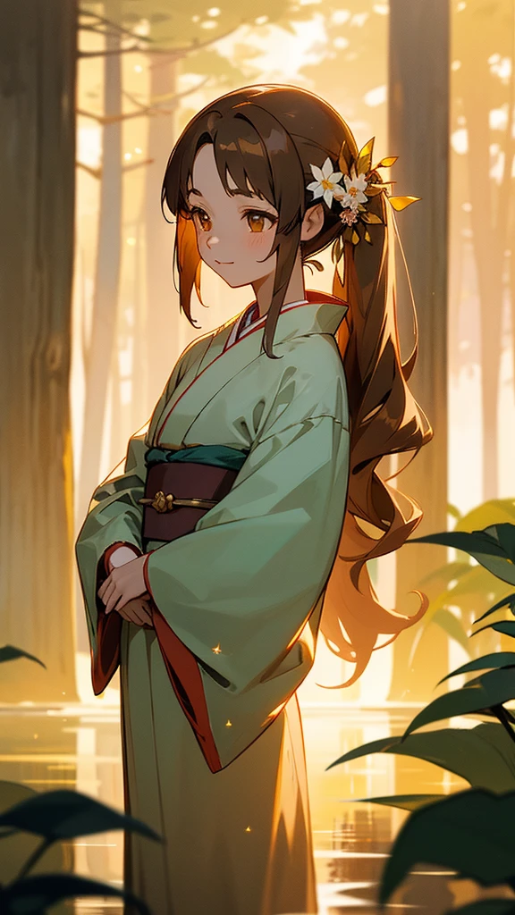 Ghibli style、Asuna, masterpiece, Highest quality, detailed, (One girl), alone, detailed golden eyes, Shoulder-length hair、Are standing, Close to the audience, (detailed kimono), A light smile, Medium chest,  Beautiful kimono water, sunset, (hair ornaments), Forest trees in the background々Brown Hair, Twin tails, Character portrait, Hair Flower, Sparkle Effect, Sparkle Effect, 3D Rendering, 