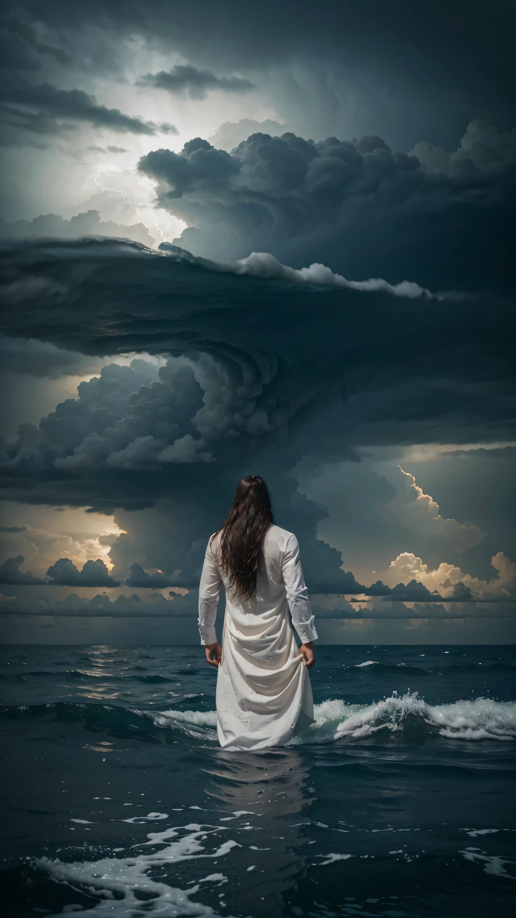 A pious man with long hair wearing a white full dress stands with both hands raised above the water of the raging sea. The sky is covered with dark clouds.back view,back view,Hyper-realistic photography, gentle soft natural backlightning, real photo,Cinematic style,realistic environment,low contrast, 32k resolution , highly detailed, realistic dress. Ultrarealistic water, hills