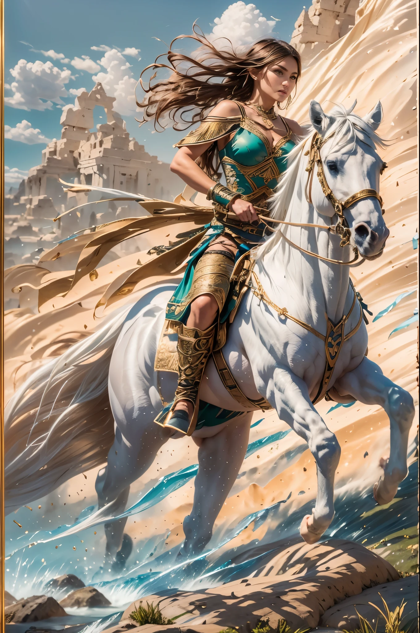 Masterpiece, Imagine a beautiful 18-year-old female Amazon scythian warrior, fierce and fearless, mounted on a striking white horse, she embodies the essence of rebellion and resilience. She rides through the heart of a breathtakingly savage ancient Turkey landscape, she has a pale skin, blue-green eyes, light brown hair, slim body, small breasts. The wild terrain of ancient Anatolia surrounds her, serving as both home and battleground, a symbol of her tribe's enduring fight for survival. This is a moment frozen in time, capturing the eternal struggle of the Scythian horserider's tribe against the encroaching tides of time and change, 16K, ultra high res.photorealistic, UHD, RAW, (5th century BC vibes:1.1)