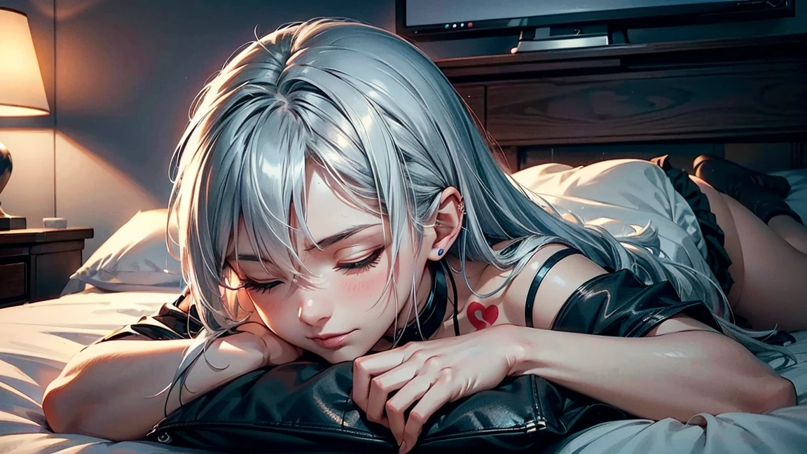 Create a top image of an 18 year old girl,Heart tattoo on right shoulder. She has long silver hair, Wearing a short black crop top and, Highlighting her slender figure and 85-year-old bust. Girl lying in bed, Head on the pillow, Close your eyes,With a gentle smile,Sleep peacefully, It seems like she is exhausted.、In coma. She decorated, A black wristband. Top-down perspective, Watching her sleeping in bed. open, A light-filled bedroom filled with gaming equipment, Includes a game, Game Table, Gaming Chair, and game consoles. Images should demonstrate high quality visual artistry, Complex details.