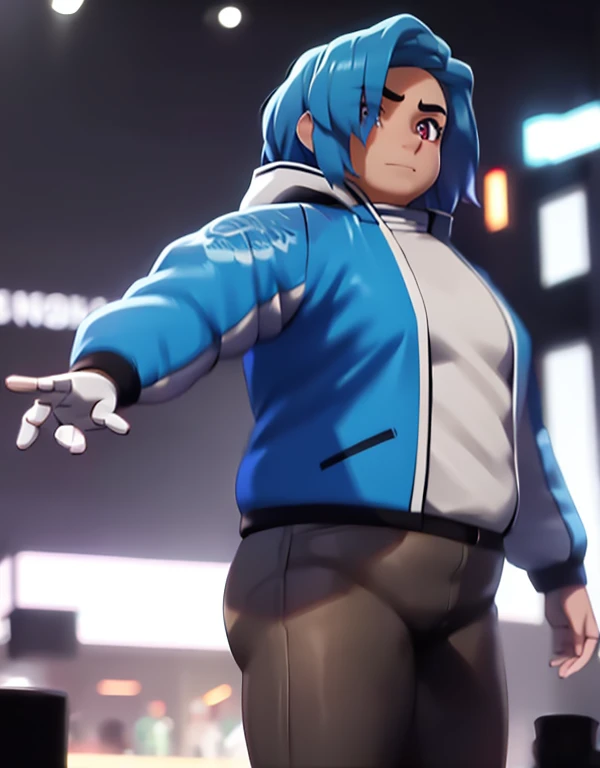 masterpiece, best quality, Tari, blue jacket, black spandex pants, robotic right arm, 1girl, Solo, fat girl, body plus