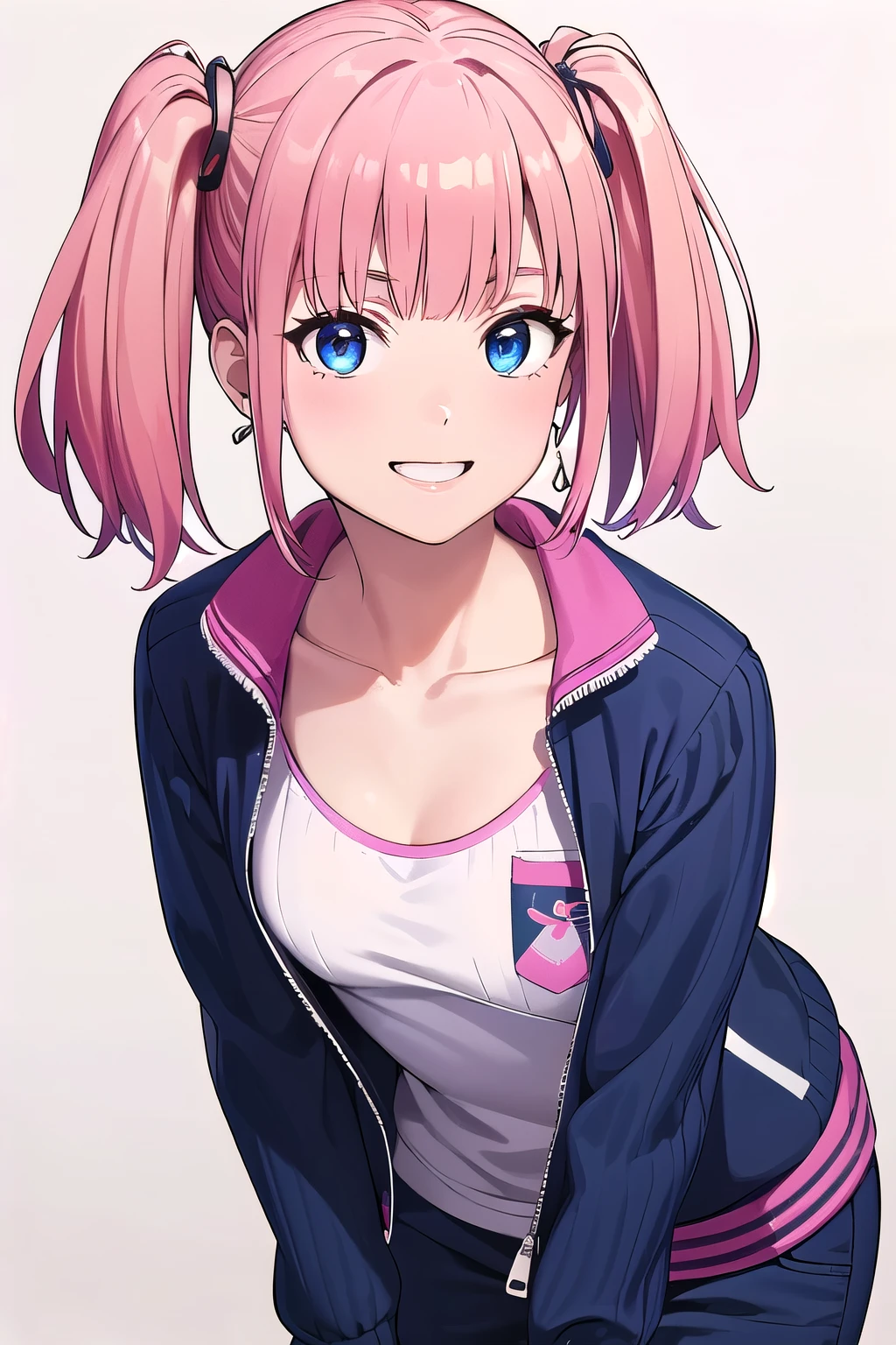 (8K, top-quality, masterpiece:1.2), (reallistic, Photorealsitic:1.37), Super Detail, One girl,), (Highly detailed), (beautifully detailed eyes), (of the highest quality), (super detailed ), (masterpiece), (Detailed face),20yr old, ,1 girl, ((pink hair,long hair)), medium breasts, clothed, Perfect Lighting, BREAK (navy blue tracksuit:1.3), (long sleeve jacket with zipper:1.3), (white tank top:1.2), (relaxed fit:1.2), (left chest pocket:1.2), (side pocket:1.2), (ribbed cuffs and hem:1-), (white crew socks:1.1), (navy sneakers:1.1), (silver hoop earrings:1.1), BRAKE (upper body to thighs:1.2), (pink twin tails:1.2), (blunt bangs:1.3), (smiling:1.2), (face turned slightly:1.1), (holding line chain:1.1), (right foot forward:1.1), (bright lighting:1.1), (white background:1.1)

